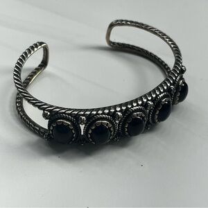 Sterling Silver Black Agate 5-Stone Rope Design Cuff Bracelet‎